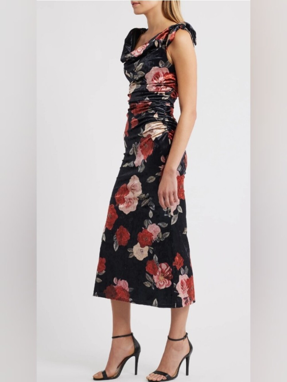Lulu's Floral Off The Shoulder Velvet Midi Dress with Red & Pink Roses Size M